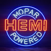 Neon light sign with blue circle, orange HEMI text, and white Mopar lettering