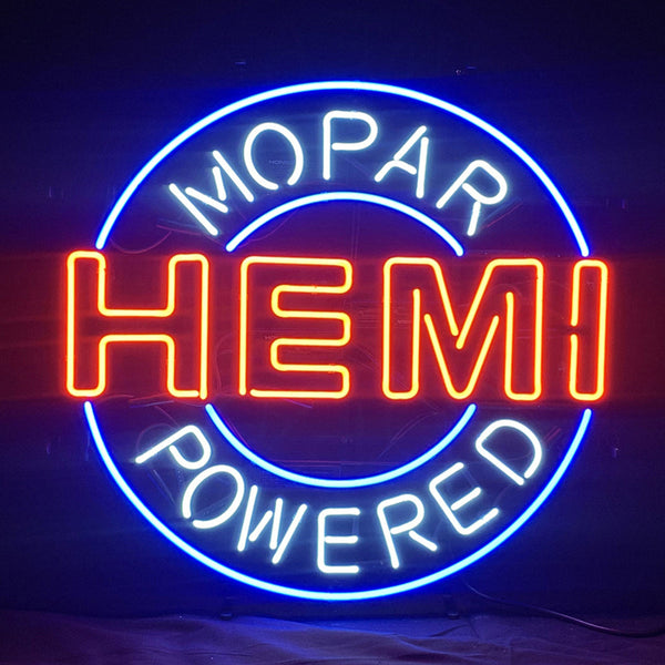 Neon light sign with blue circle, orange HEMI text, and white Mopar lettering