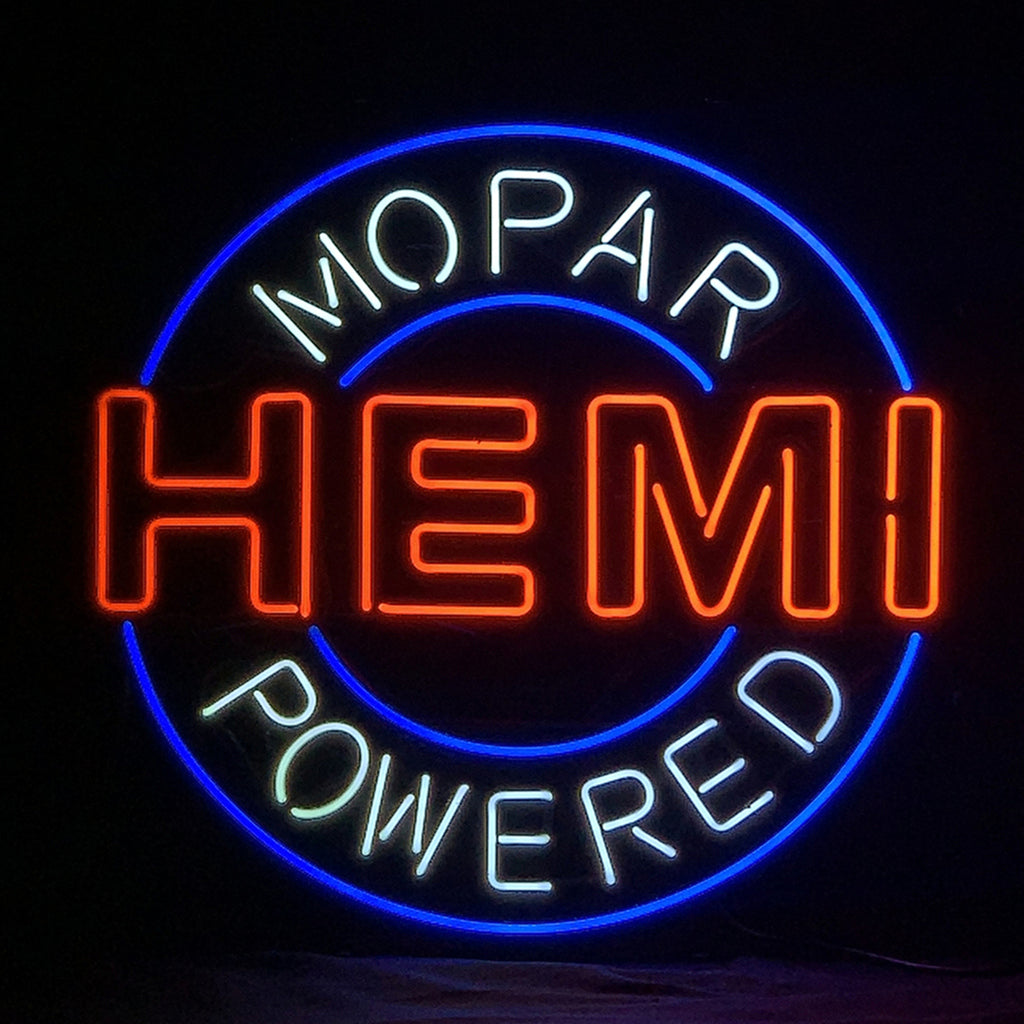 Neon light sign with blue ring, orange HEMI letters, and white Power-style text