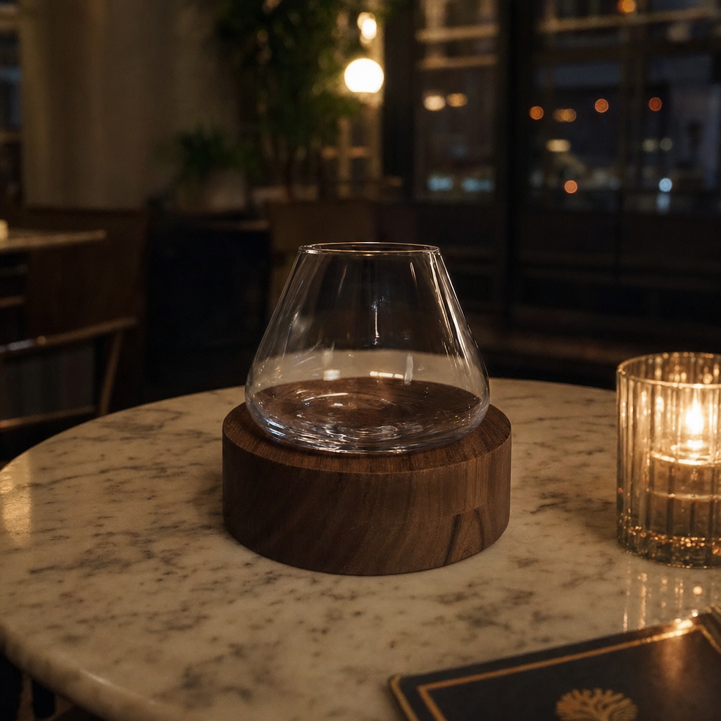Crystal wine glass resting on circular wooden coaster