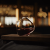Crystal wine glass with red wine on round wooden coaster