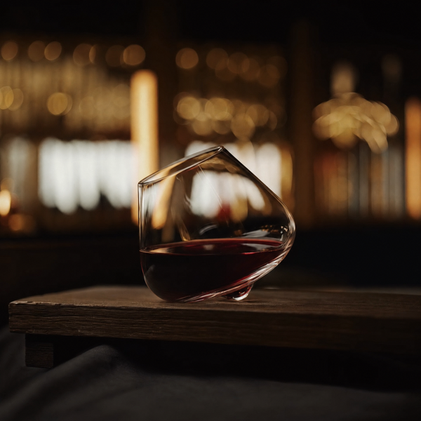 Crystal wine glass with red wine on round wooden coaster