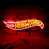 Hot Wheels neon sign light with red and yellow glowing logo, mounted on two posts