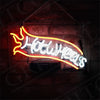 Hot Wheels neon sign with yellow flame icon and white script text on black base