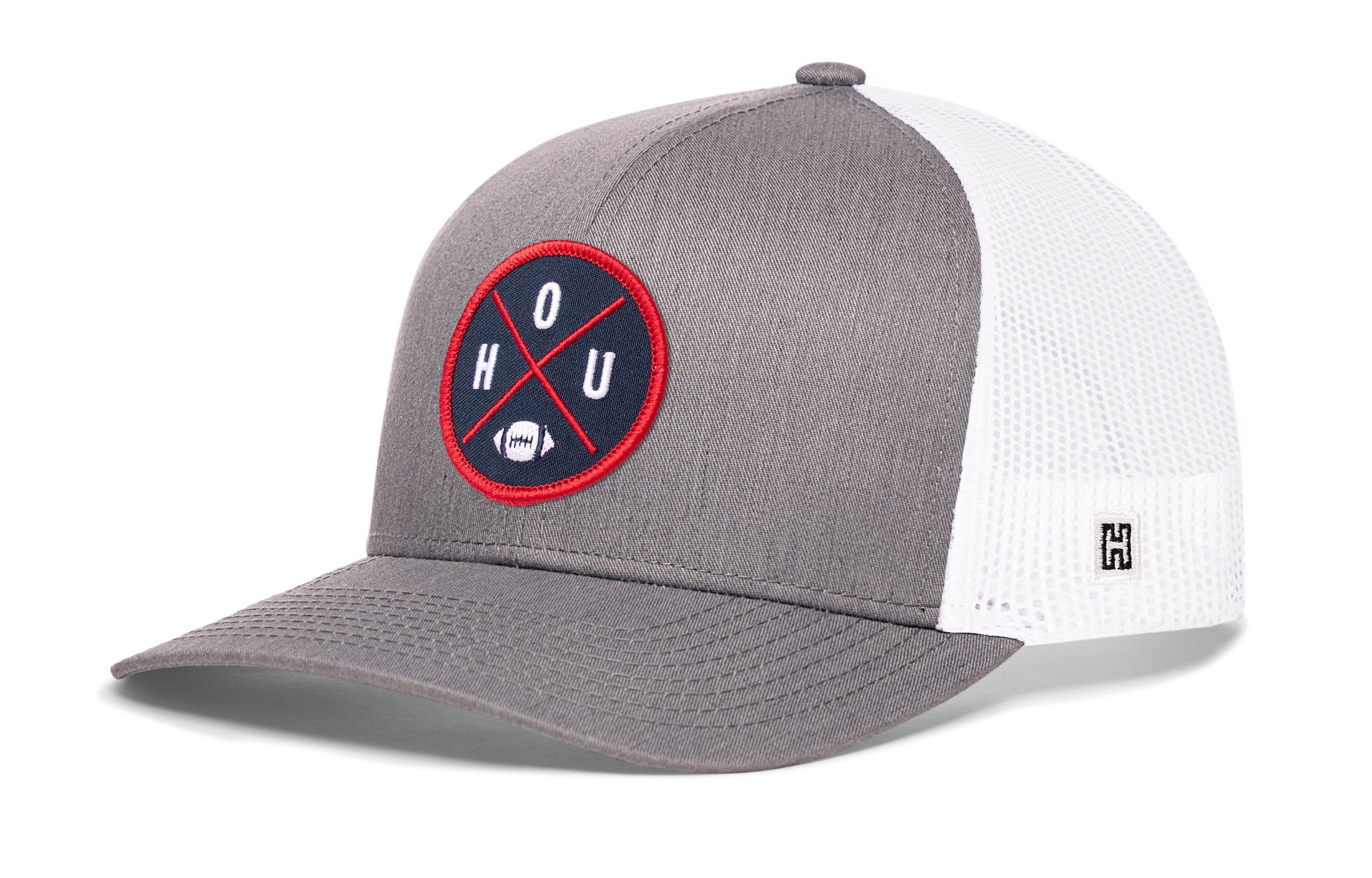 Two-tone trucker hat: gray front, white mesh back, snapback strap, round HOUX logo