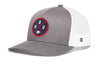 Two-tone trucker hat: gray front, white mesh back, snapback strap, round HOUX logo