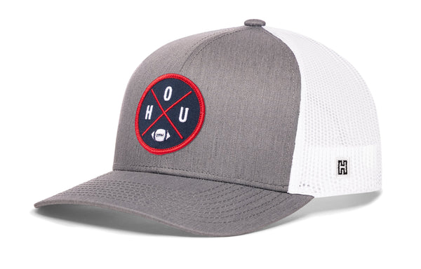 Two-tone trucker hat: gray front, white mesh back, snapback strap, round HOUX logo