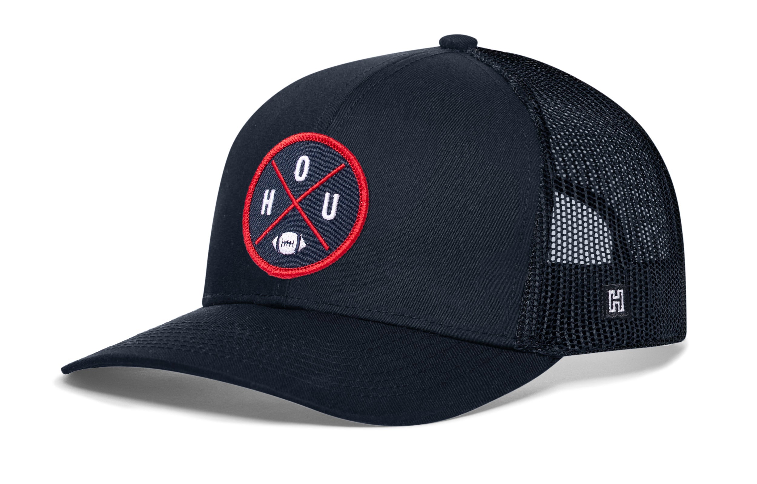Navy trucker hat with mesh side panels, curved brim, snapback strap, round HOUX logo
