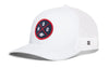 White trucker hat with mesh side panels, curved brim, snapback strap, round HOUX logo