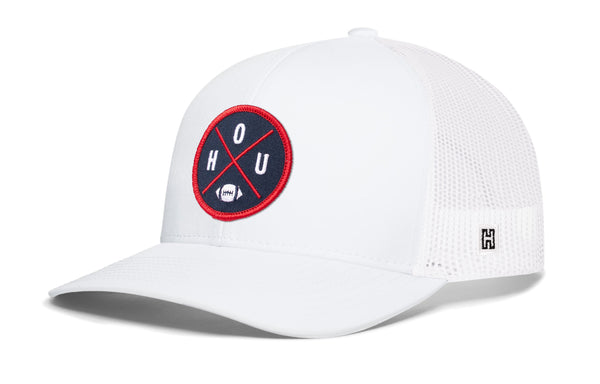 White trucker hat with mesh side panels, curved brim, snapback strap, round HOUX logo