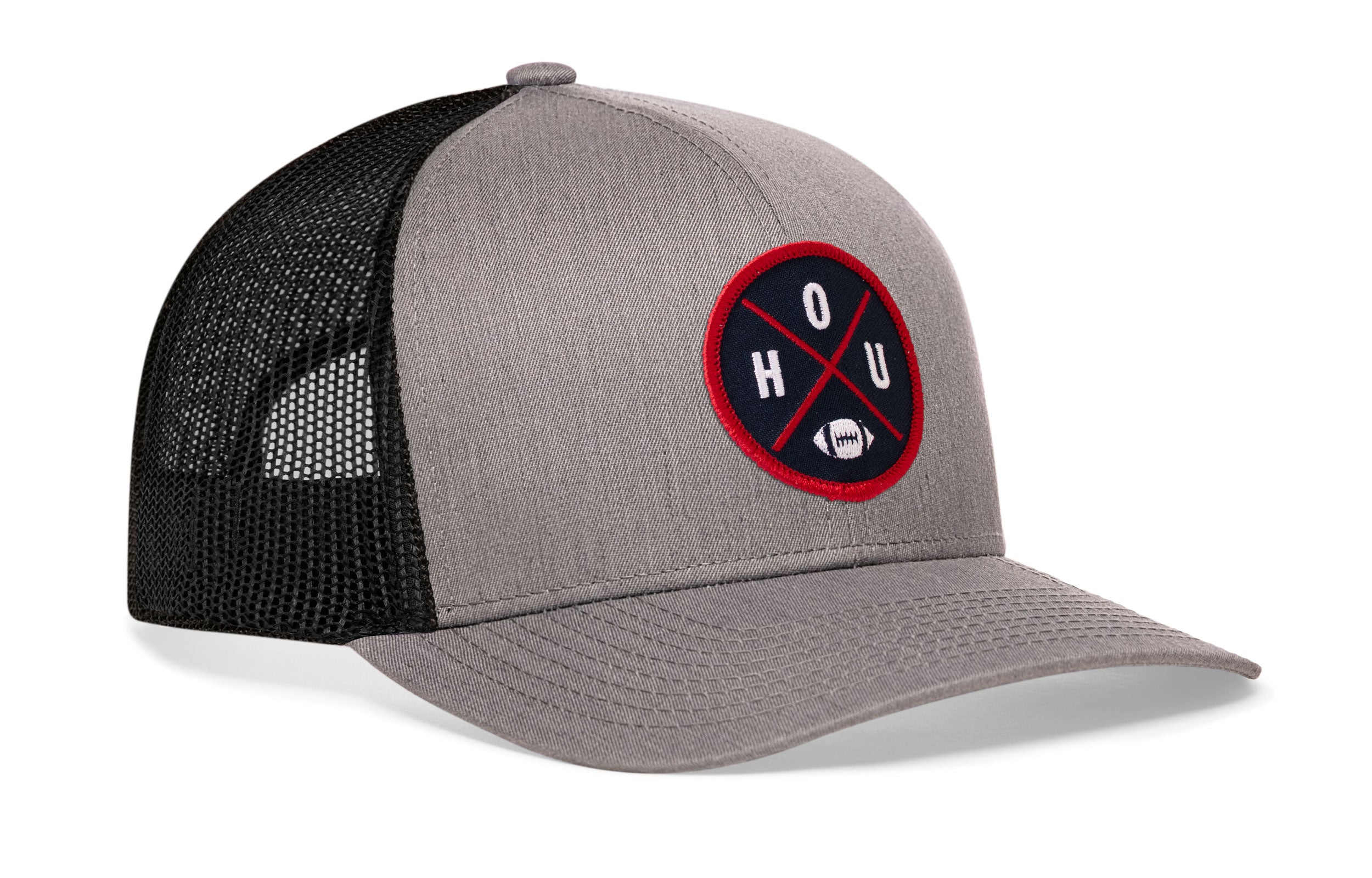 Two-tone trucker hat: gray front, black mesh back, snapback strap, round HOUX logo
