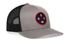 Two-tone trucker hat: gray front, black mesh back, snapback strap, round HOUX logo