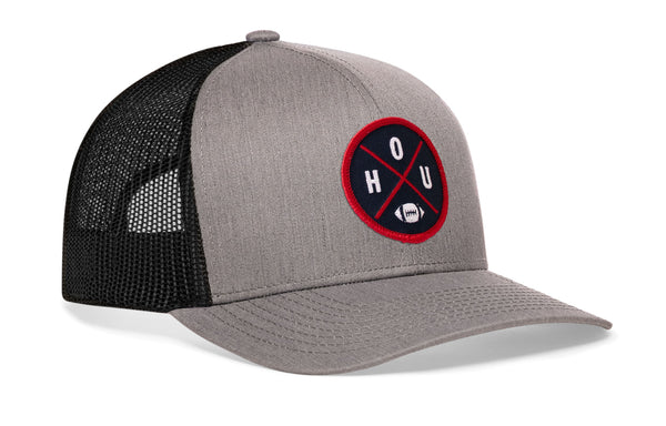 Two-tone trucker hat: gray front, black mesh back, snapback strap, round HOUX logo