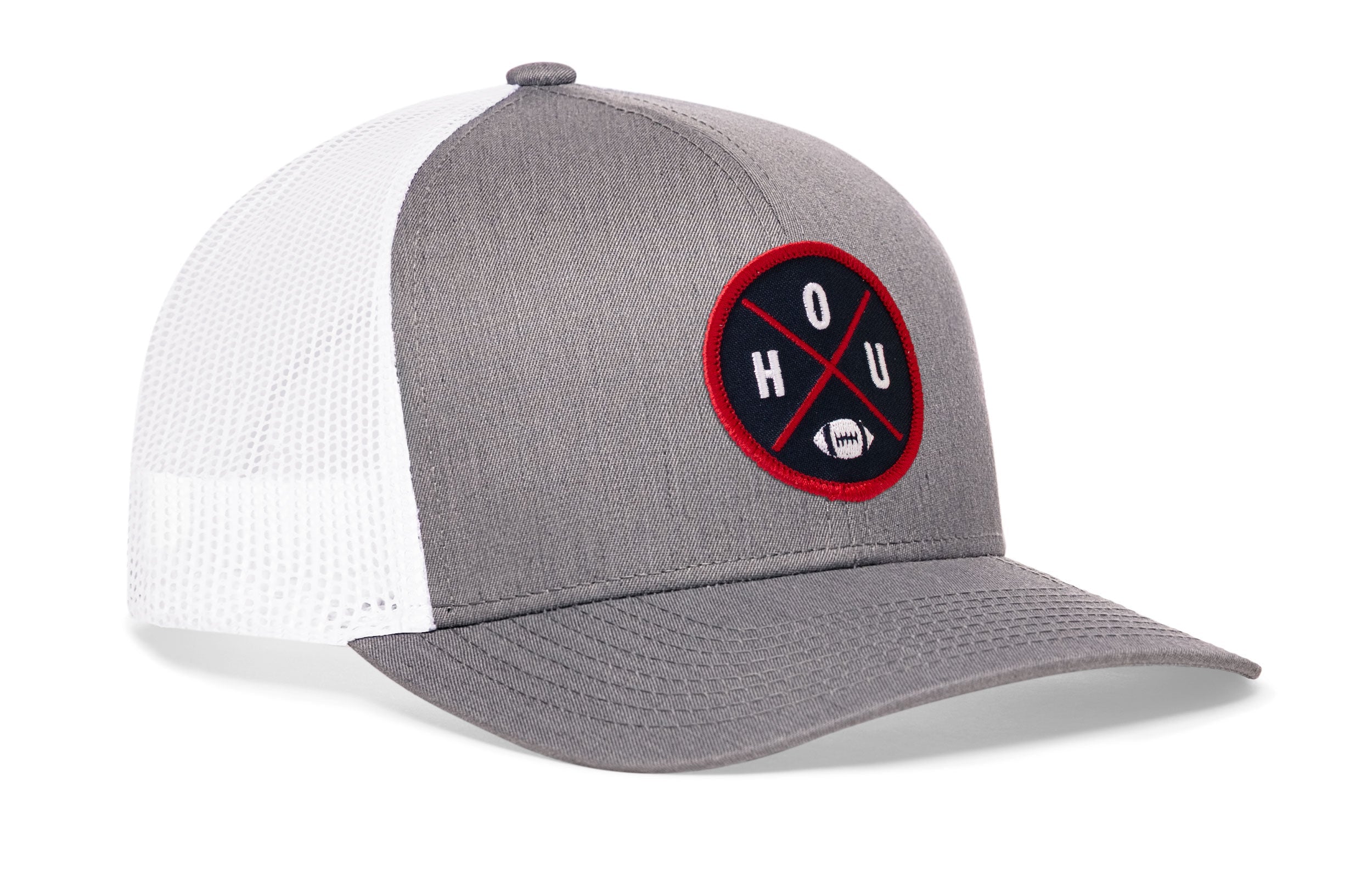 Two-tone trucker hat: gray front, white mesh back, snapback strap, round HOUX logo