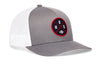 Two-tone trucker hat: gray front, white mesh back, snapback strap, round HOUX logo