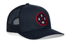 Navy trucker hat with mesh side panels, curved brim, snapback strap, round HOUX logo