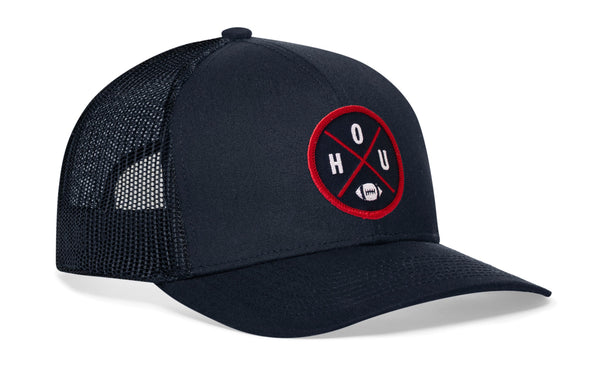Navy trucker hat with mesh side panels, curved brim, snapback strap, round HOUX logo
