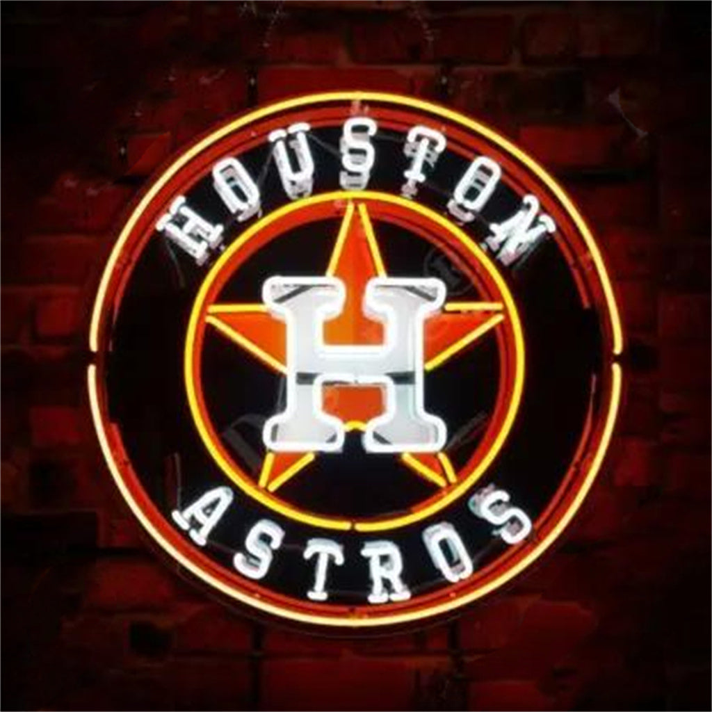 Houston Astros neon circular sign with glowing ring and mascot H logo