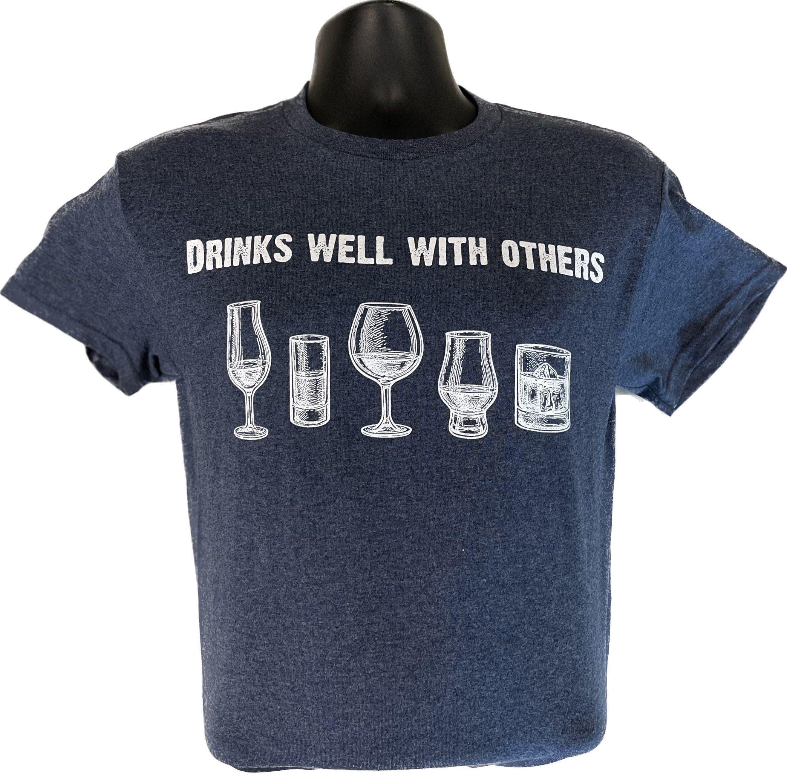 Heather navy unisex T-shirt with drinks text and five glass icons