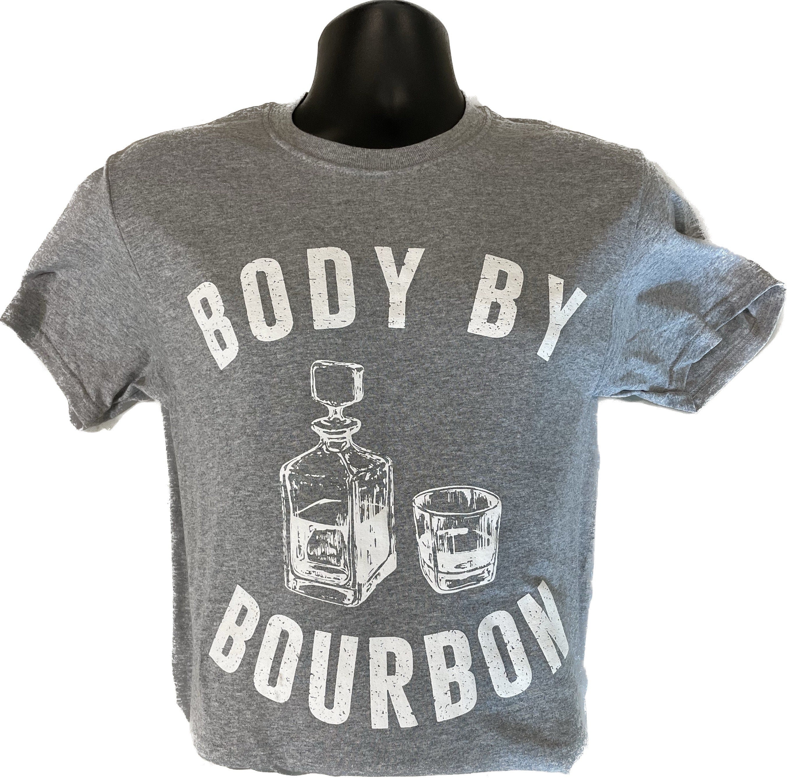 Heather gray unisex T-shirt with Body by Bourbon graphic of bottle and glasses