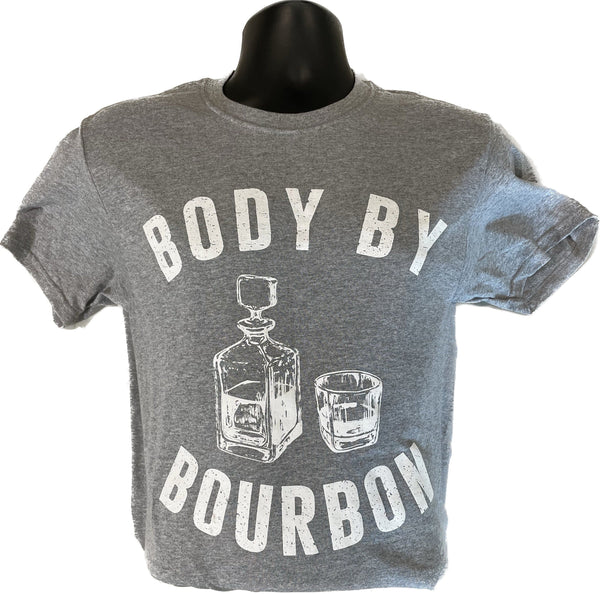Heather gray unisex T-shirt with Body by Bourbon graphic of bottle and glasses