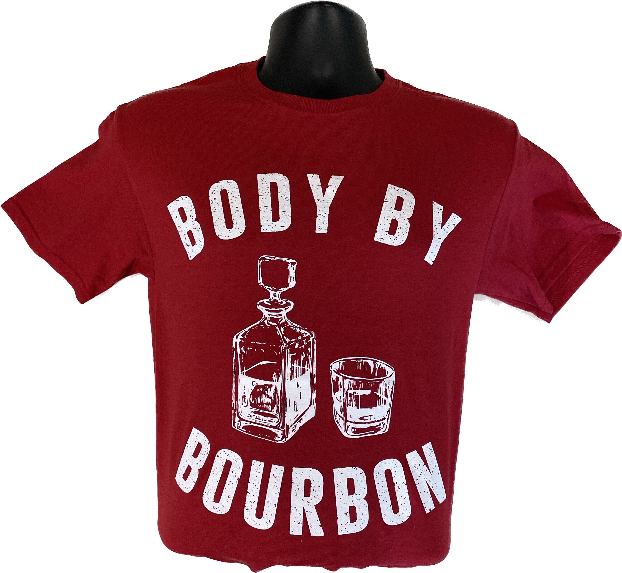 Unisex red T-shirt with Body by Bourbon front graphic