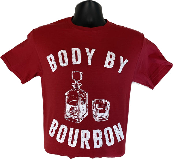 Unisex red T-shirt with Body by Bourbon front graphic