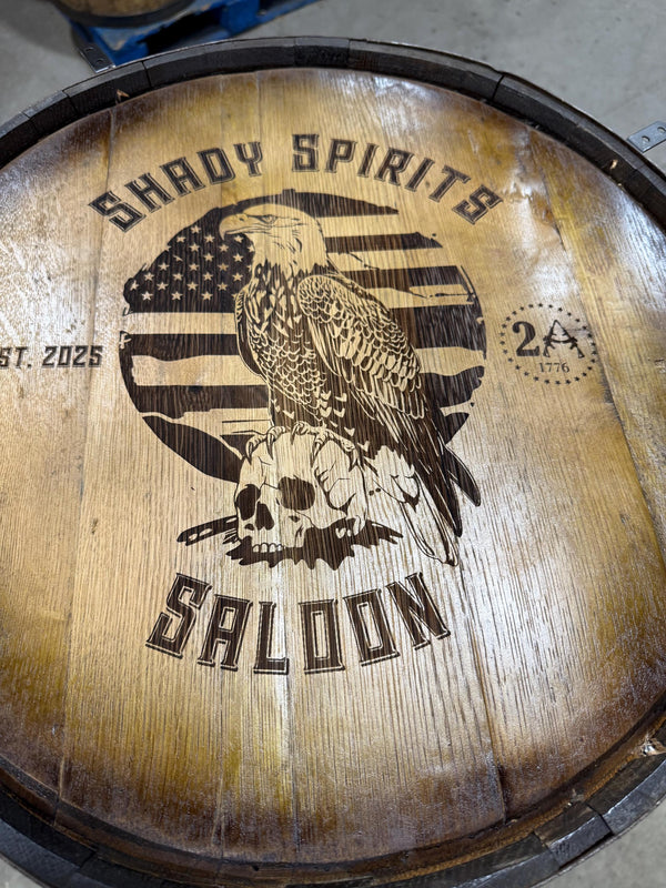 Custom made Bourbon Barrel Bistro/Pub Table Table with glass insert- Custom designed laser engraving available