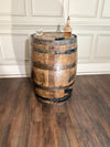 Motorized Pop Up Bourbon Barrel Cabinet.  Remote control & LED lighting.  Works with Alexa and Google Home. Custom engraving available.