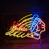 Indian Motorcycle neon sign light in rectangular frame with colored motorcycle and hat outline