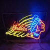 Indian Motorcycle neon sign light with motorcycle outline and Indian script, multicolor LED