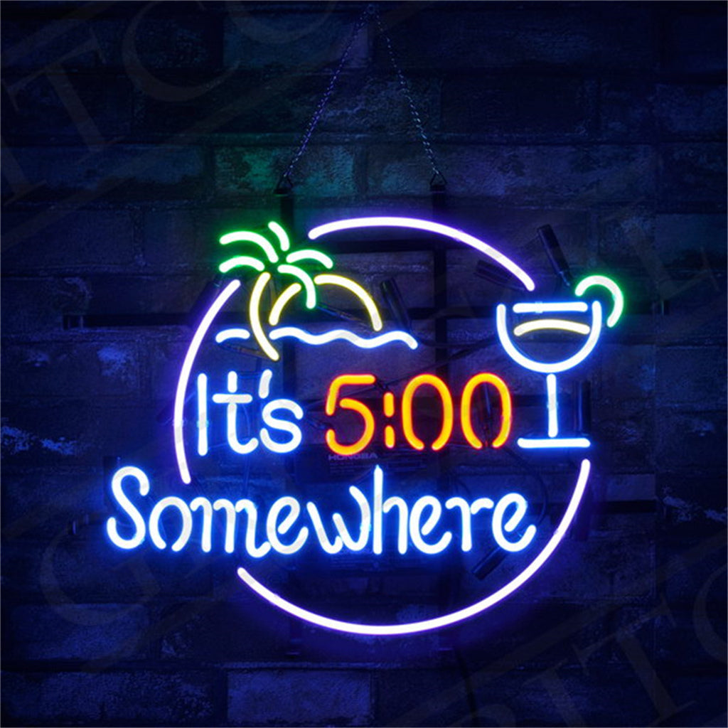 Neon wall sign with palm tree, waves, and 'It's 5:00 Somewhere'