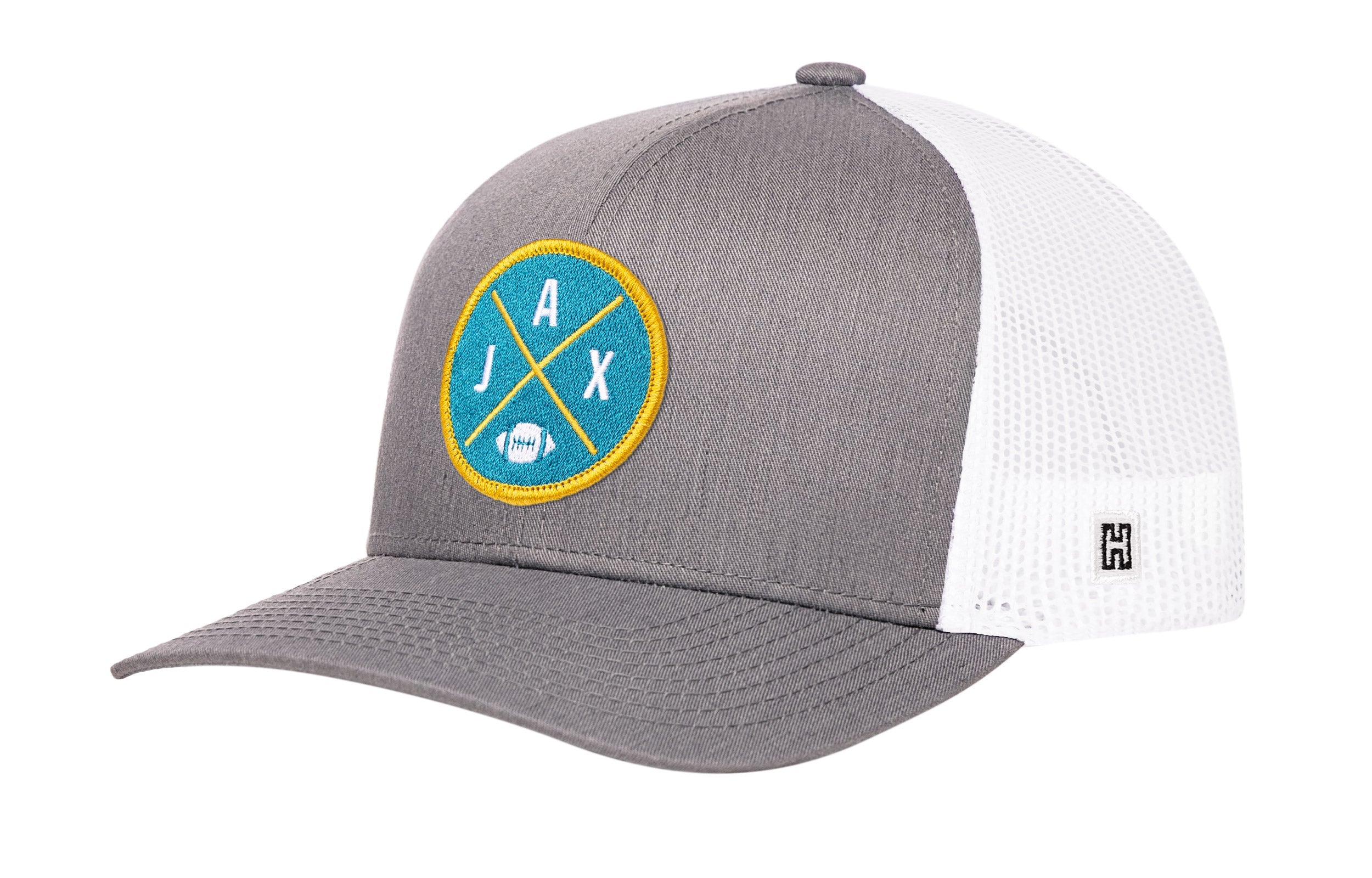 Gray snapback trucker hat with circular team patch and white mesh side panels