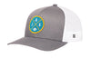 Gray snapback trucker hat with circular team patch and white mesh side panels