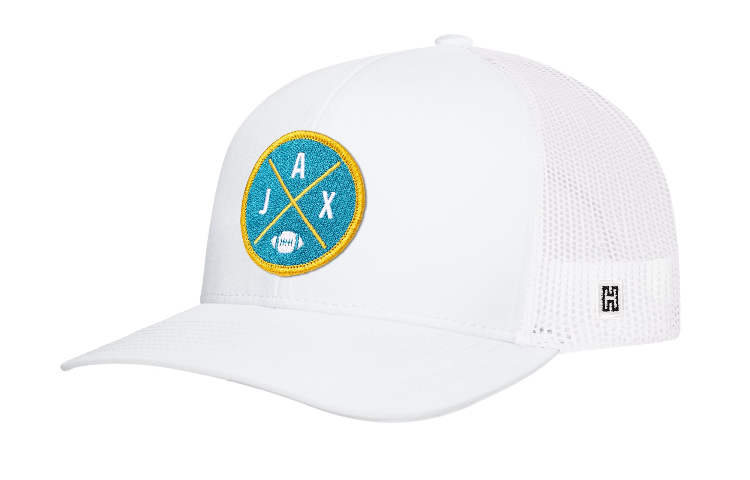 White snapback trucker hat with circular team patch and white mesh sides