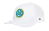 White snapback trucker hat with circular team patch and white mesh sides