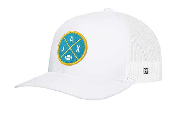 White snapback trucker hat with circular team patch and white mesh sides