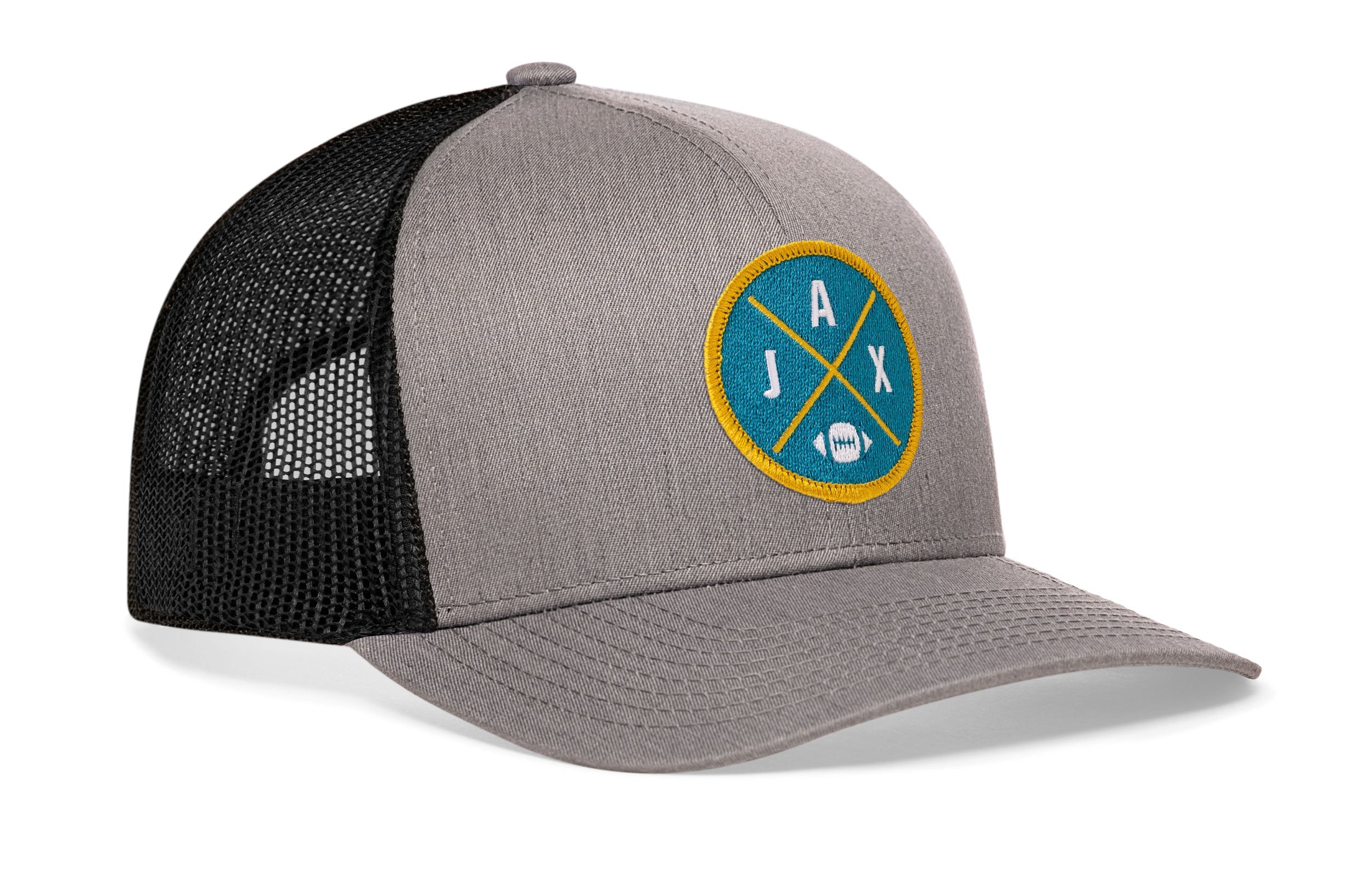 Gray trucker hat with circular team patch and black mesh side panels