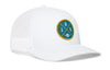 White trucker hat with circular team patch and white mesh side panels