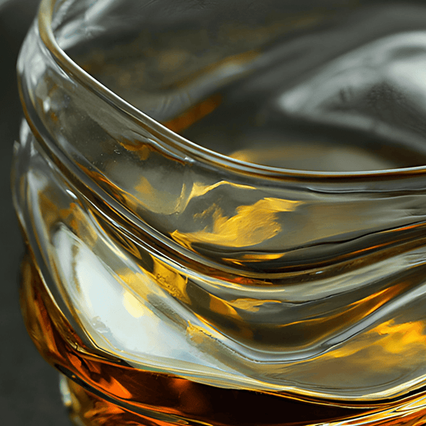 Close-up of crystal whisky glass sides with amber reflections through glass.