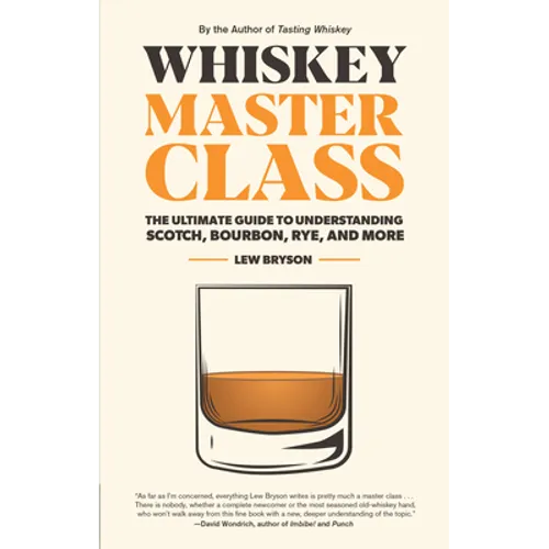 Hardcover whiskey master class guide book cover with orange title and tumbler graphic.