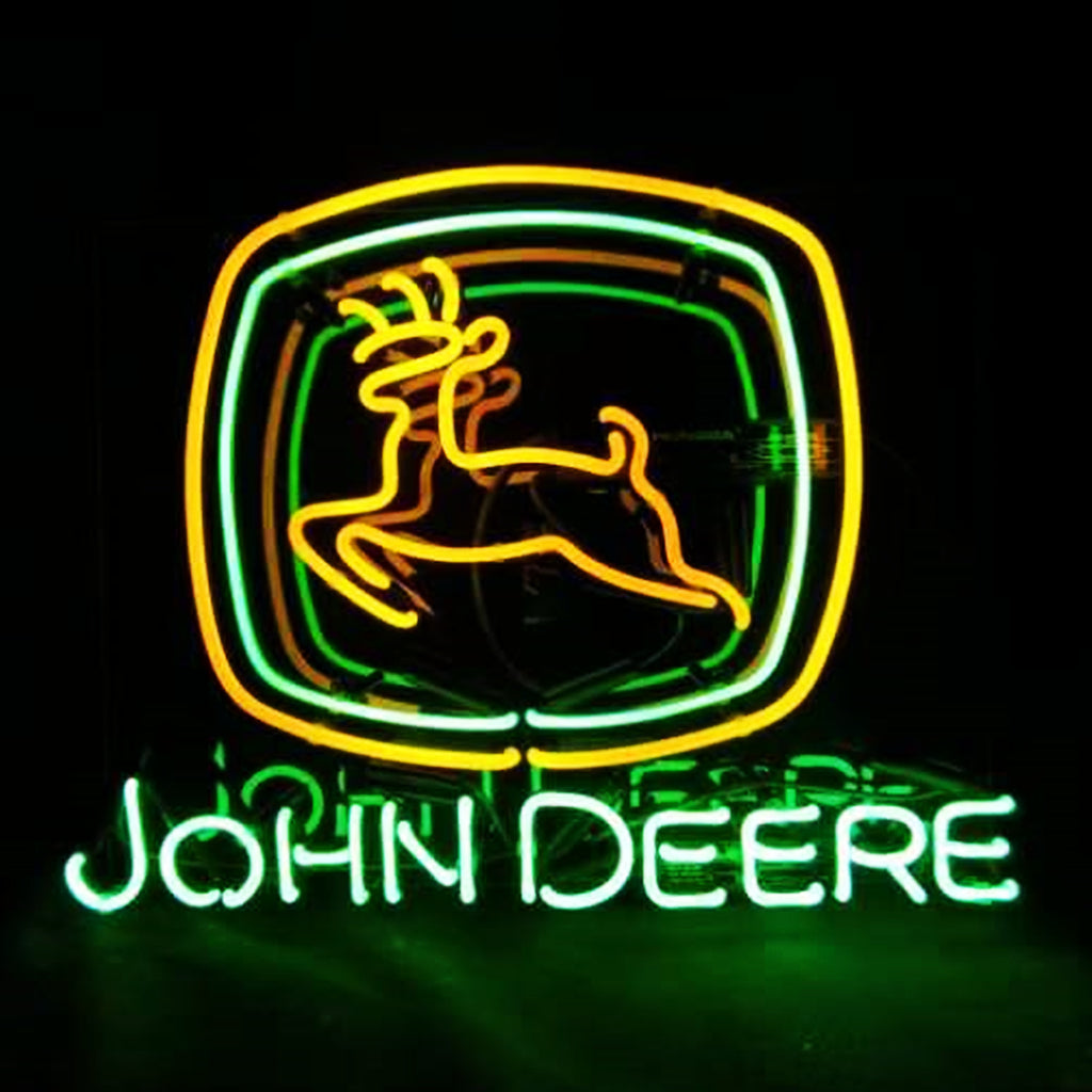 Neon John Deere tractor logo sign with glowing green and yellow frame