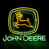Neon John Deere tractor logo sign with glowing green and yellow frame