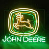 Neon John Deere tractor logo sign with glowing green and white frame