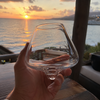Crystal wine glass held in hand, filled with red wine