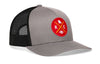 Gray trucker cap with red round logo patch and black mesh rear panels