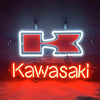 Kawasaki Beer neon sign with red letters and blue outline logo
