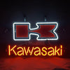 Kawasaki Beer neon sign, blue-outlined red logo with glowing Kawasaki script