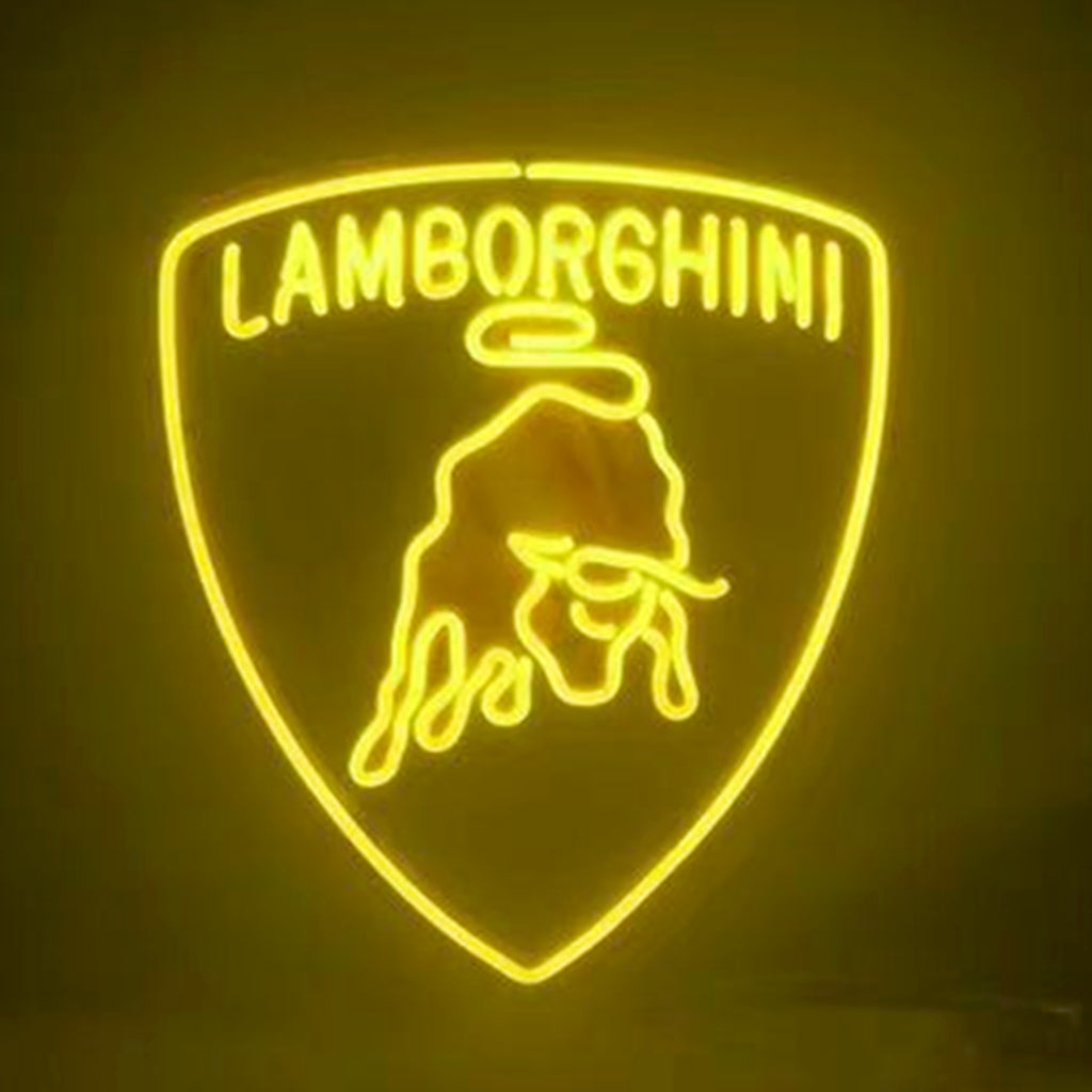Lamborghini neon sign in shield shape with LAMBORGHINI and bull line art, glowing