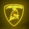 Lamborghini neon sign in shield shape with LAMBORGHINI and bull line art, glowing